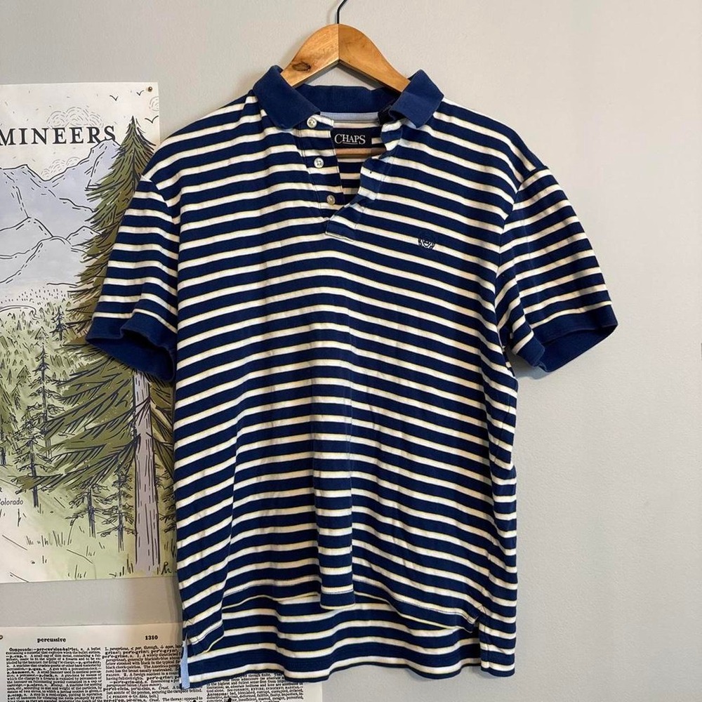 Vintage Chaps Striped Polo Shirt Navy Blue White Yellow Medium